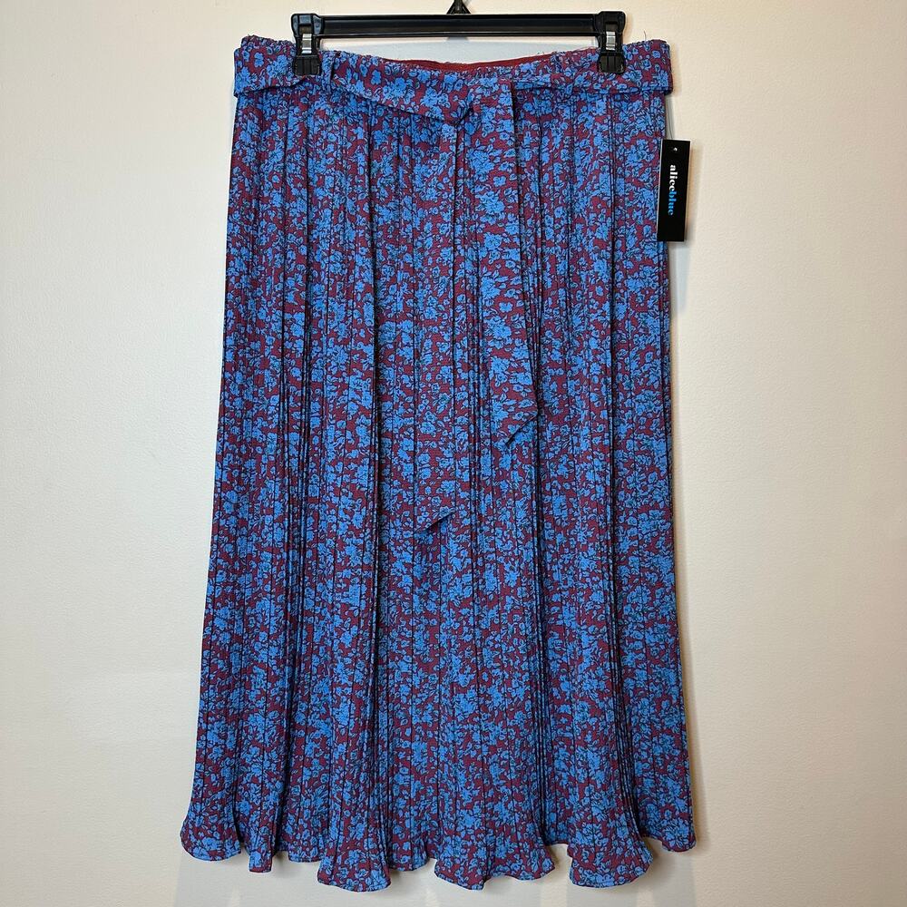 NWT Alice Blue Maroon Micro Floral Print Pleated Midi Skirt Womens Size Large L